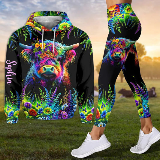 Joycorners Personalized Beautiful Neon Highland Cow - Highland Cow Hoodie and Leggings LM2811