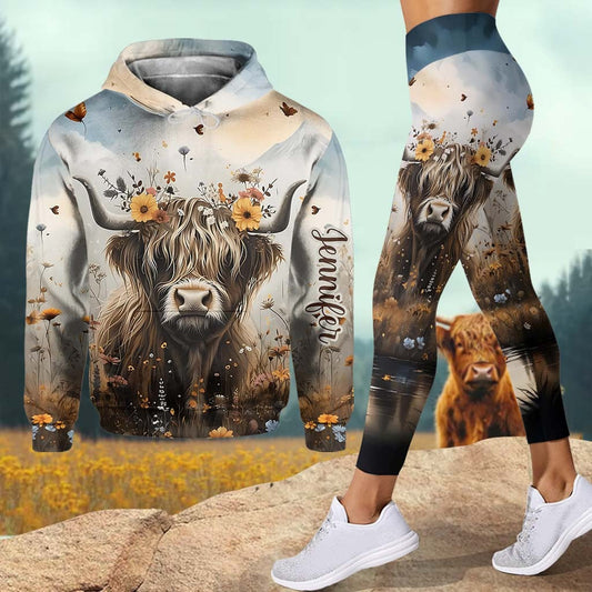 Joycorners Personalized Cute Cow - Highland Cow Hoodie and Leggings LM2811
