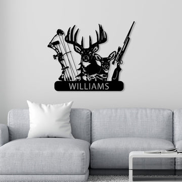 Maxcorners Personalized Deer Hunter Metal Wall Art, Custom Name Bow and Hunting Rifle Sign, Deer Hunting Wall Hanging, Hunter Gift MT0110