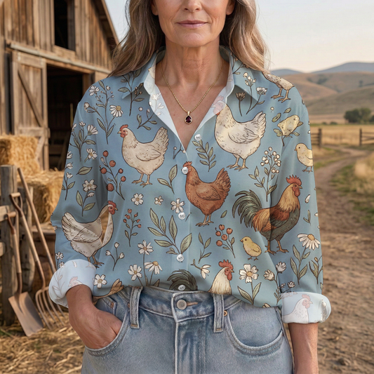 Joycorners Vintage Chicken Wildflower Farm Casual Shirt