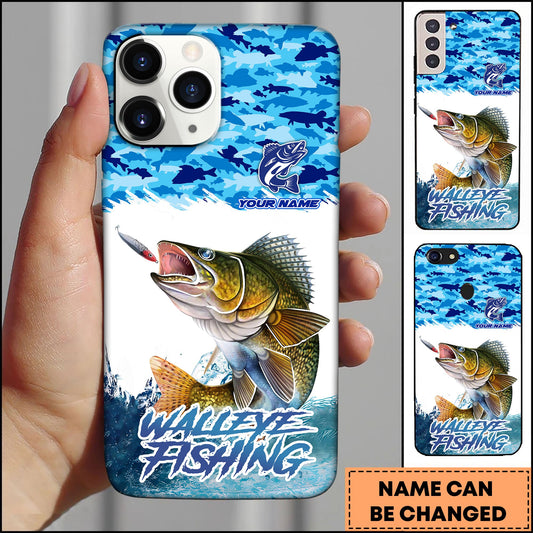 Joycorners Walleye Fishing Phone Case Jumping Water Splash Blue Scale Pattern Personalized Name Phone Case