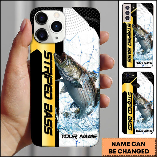 Joycorners Striped Bass Fishing Phone Case Dynamic Splash Black Blue Contrast Design Personalized Name Phone Case