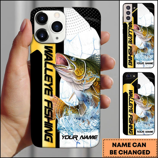 Joycorners Walleye Fishing Phone Case Dynamic Splash Black Blue Contrast Design Personalized Name Phone Case
