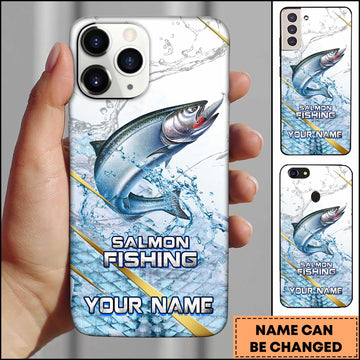Joycorners Salmon Fishing Phone Case Realistic Jumping Fish Water Burst Premium Art Personalized Name Phone Case