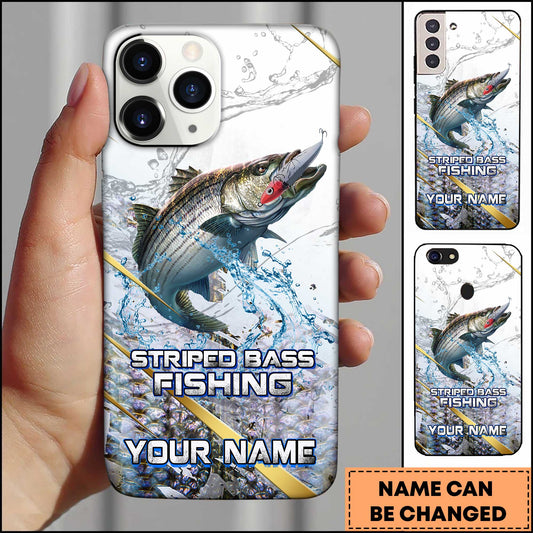 Joycorners Striped Bass Fishing Phone Case Realistic Jumping Fish Water Burst Premium Art Personalized Name Phone Case