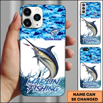 Joycorners Marlin Fishing Phone Case Jumping Water Splash Blue Scale Pattern Personalized Name Phone Case