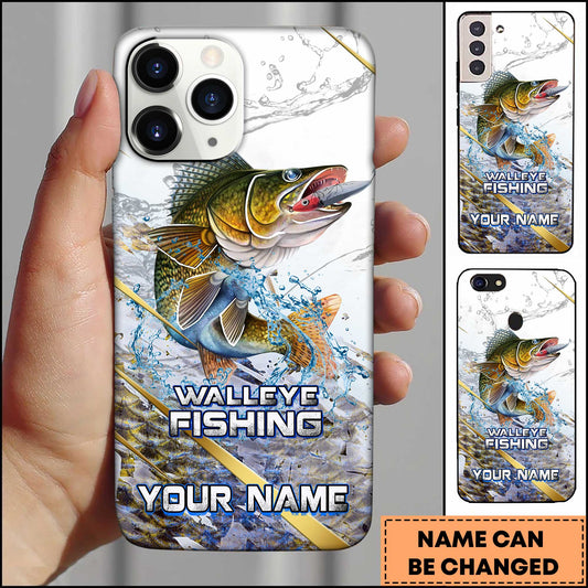 Joycorners Walleye Fishing Phone Case Realistic Jumping Fish Water Burst Premium Art Personalized Name Phone Case