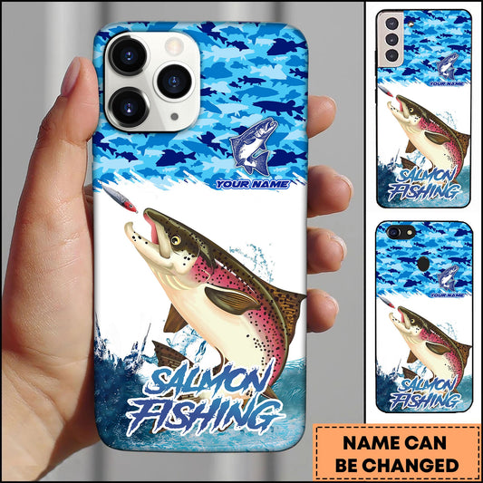 Joycorners Salmon Fishing Phone Case Jumping Water Splash Blue Scale Pattern Personalized Name Phone Case