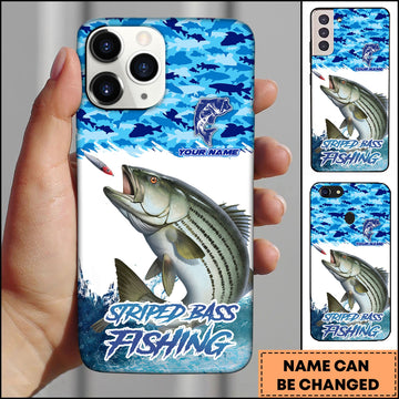 Joycorners Striped Bass Fishing Phone Case Jumping Water Splash Blue Scale Pattern Personalized Name Phone Case
