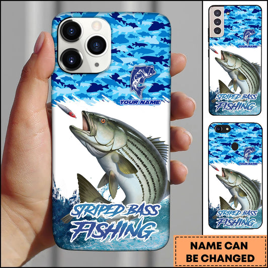Joycorners Striped Bass Fishing Phone Case Jumping Water Splash Blue Scale Pattern Personalized Name Phone Case
