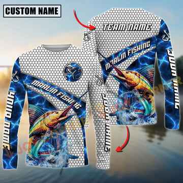 Joycorners Marlin Fishing Honeycomb Electric Water Splash Personalized Name, Team Name Long Sleeve Shirt