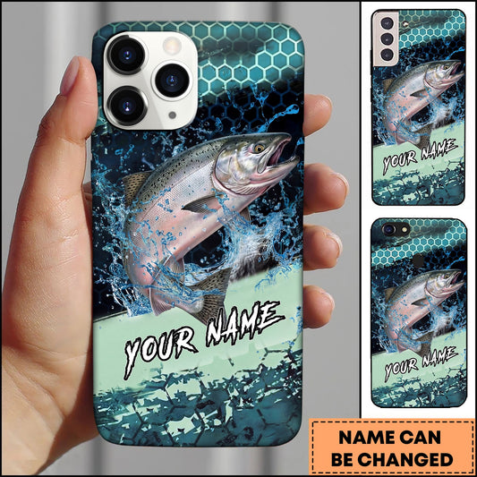 Joycorners Fishing Teal Honeycomb Water Burst Personalized Name Phone Case (10 Fish Species)