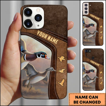 Joycorners Hunting Phone Case Duck Flying Leather Stitch Rustic Brown Personalized Name Phone Case