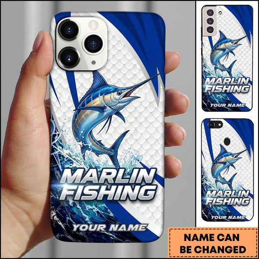 Joycorners Marlin Fishing Phone Case  Scale Texture White Blue Dynamic Wave Art Personalized Name Phone Case