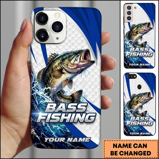 Joycorners Bass Fishing Phone Case  Scale Texture White Blue Dynamic Wave Art Personalized Name Phone Case