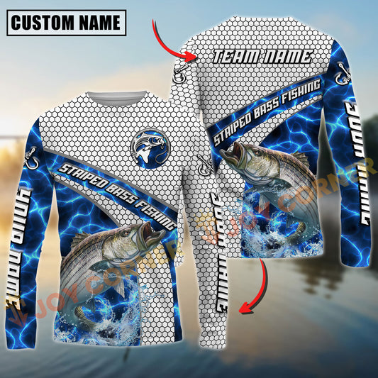 Joycorners Striped_Bass Fishing Honeycomb Electric Water Splash Personalized Name, Team Name Long Sleeve Shirt