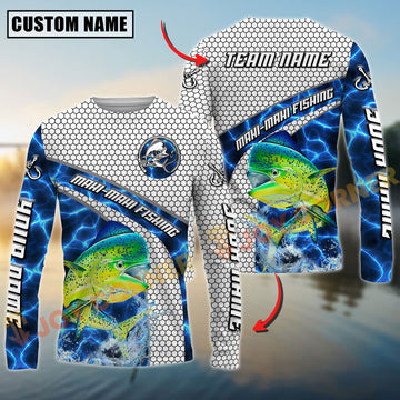 Joycorners Mahi-mahi Fishing Honeycomb Electric Water Splash Personalized Name, Team Name Long Sleeve Shirt