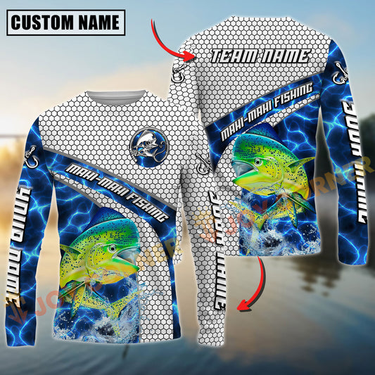 Joycorners Mahi-mahi Fishing Honeycomb Electric Water Splash Personalized Name, Team Name Long Sleeve Shirt