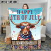 Joycorners Happy 4th of July Cow with USA Scarf Fireworks Patriotic Personalized Name 3D Blanket (8 Breeds)