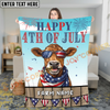 Joycorners Happy 4th of July Cow with USA Scarf Fireworks Patriotic Personalized Name 3D Blanket (8 Breeds)