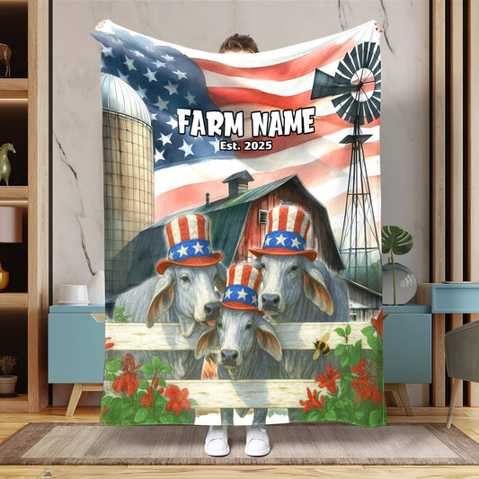 Joycorners Personalized Farm Name Blanket with American Flag & Cow
