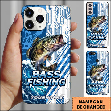 Joycorners Bass Fishing Phone Case  Circuit Board Tech Blue Sport Design Personalized Name Phone Case