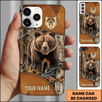 Joycorners Hunting Phonecase Brown Bear Leather Camo Forest Wildlife Design Personalized Name 3D Phone Case