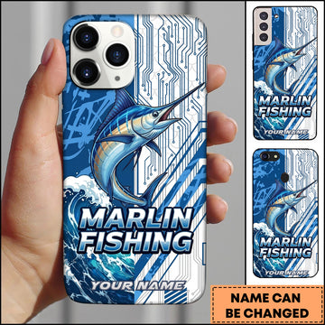 Joycorners Marlin Fishing Phone Case  Circuit Board Tech Blue Sport Design Personalized Name Phone Case