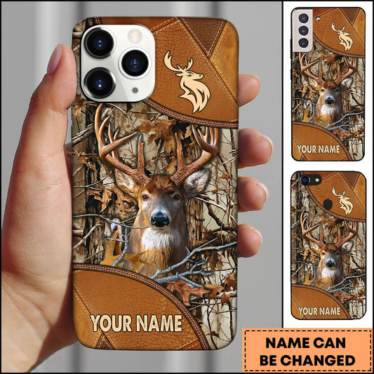 Joycorners Hunting Phonecase Whitetail Deer Leather Camo Forest Wildlife Design Personalized Name 3D Phone Case