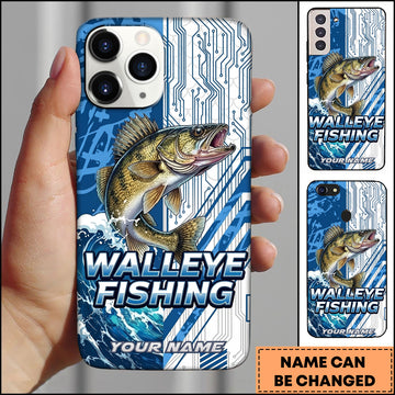 Joycorners Walleye Fishing Phone Case  Circuit Board Tech Blue Sport Design Personalized Name Phone Case