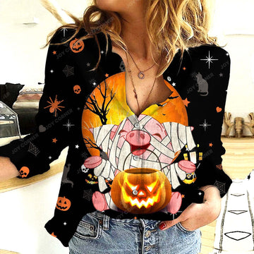 Joycorners Cotton And Linen Farm Animal Halloween Pig All Over Printed 3D Casual Shirt