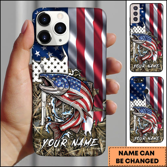 Joycorners Fishing American Flag Patriotic Vintage Camo Personalized Name Phone Case (10 Fish Species)