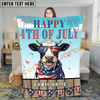 Joycorners Happy 4th of July Cow with USA Scarf Fireworks Patriotic Personalized Name 3D Blanket (8 Breeds)