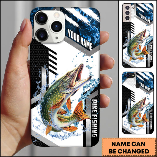 Joycorners Pike Fishing Phone Case  Splash Water Honeycomb Black White Sport Design Personalized Name Phone Case