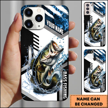 Joycorners Bass Fishing Phone Case  Splash Water Honeycomb Black White Sport Design Personalized Name Phone Case