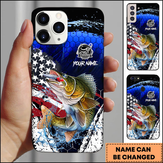Joycorners Walleye USA Flag Honeycomb Blue Red Splash Art Personalized Name Phone Case