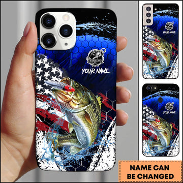 Joycorners Bass USA Flag Honeycomb Blue Red Splash Art Personalized Name Phone Case