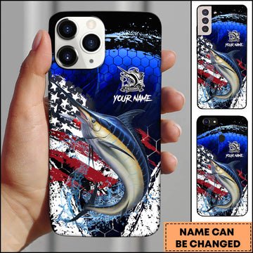 Joycorners Marlin USA Flag Honeycomb Blue Red Splash Art Personalized Name Phone Case