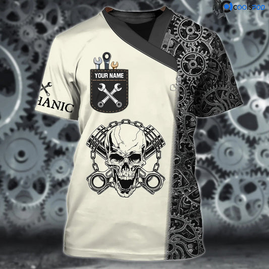 Joycorners Custom Mechanic Skull T Shirt 3D All Over Print, Men Mechanical Shirt, Mechanic Dad Shirt, Mechanic Gifts