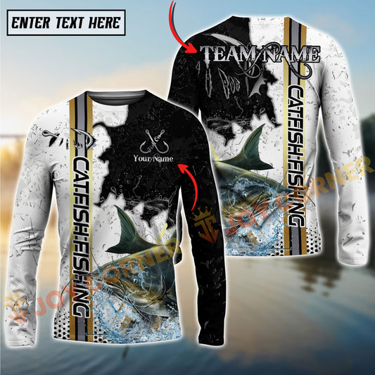 Joycorners Catfish Fishing Split Grunge Splash Design Personalized Name, Team Name Long Sleeve Shirt