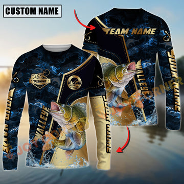 Joycorners Walleye Fishing Ocean Wave Gold Luxury Pattern Personalized Name, Team Name Long Sleeve Shirt