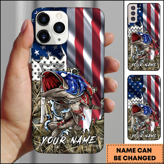 Joycorners Fishing American Flag Patriotic Vintage Camo Personalized Name Phone Case (10 Fish Species)