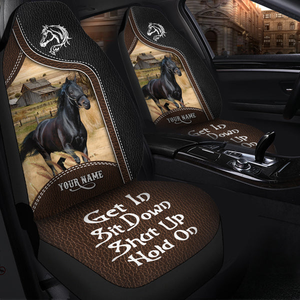Joycorners Black Horse Personalized Name Black And Brown Leather Pattern Car Seat Covers Universal Fit (2Pcs)