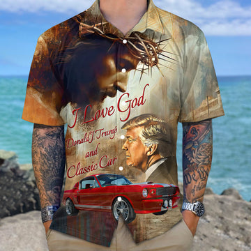 Joycorner  Photo I Love God Trump And Classic Car  Hawaiian Shirt