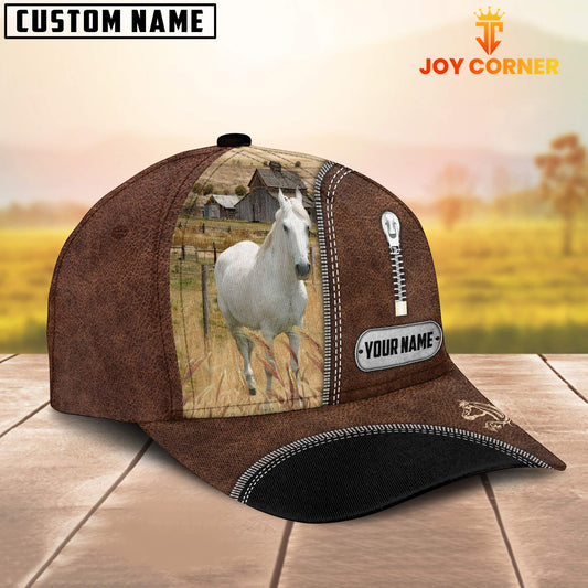 Joycorners White Horse Leather Zip Pattern Customized Name Cap