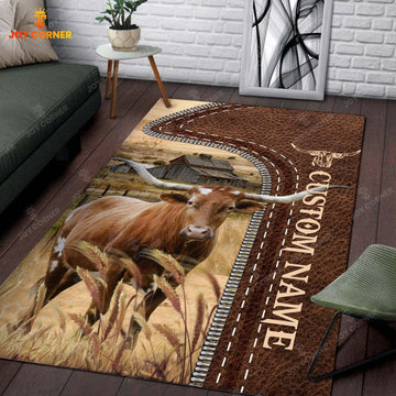 Joycorners Customized Name Texas Longhorn Leather Pattern Rug