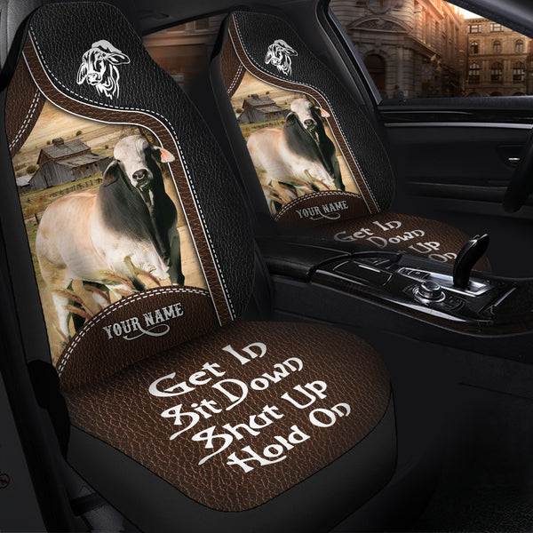 Joycorners Brahman Cattle Personalized Name Black And Brown Leather Pattern Car Seat Covers Universal Fit (2Pcs)