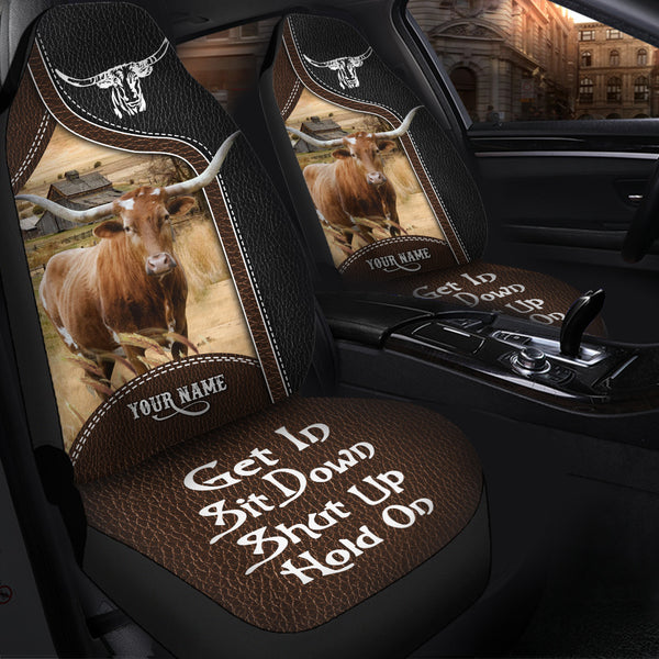 Joycorners Texas Longhorn Personalized Name Black And Brown Leather Pattern Car Seat Covers Universal Fit (2Pcs)