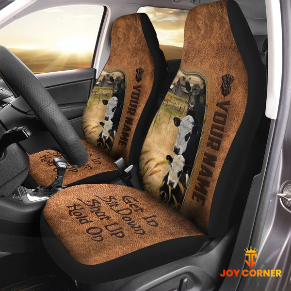 Joycorners Belted Galloway Happiness Personalized Name Leather Pattern Car Seat Covers Universal Fit (2Pcs)