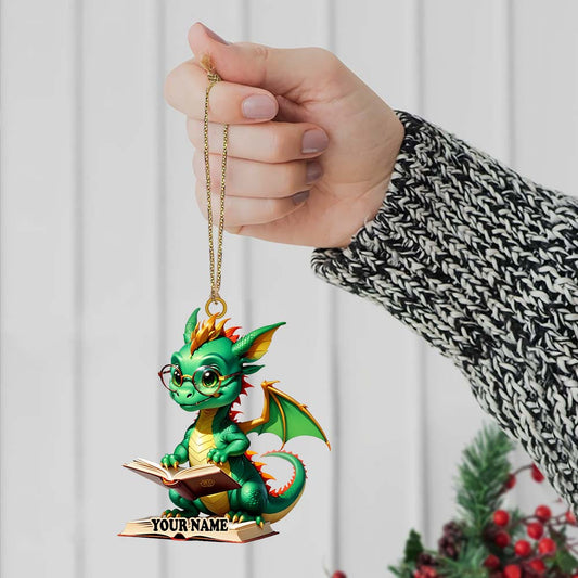 Joycorners Custom Name Dragon Reading Books Ornament, Christmas Gift for Book Lover 2D Flat LM2211